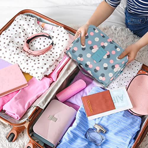 Hanging Toiletry Bag for Women, Portable Cosmetic Summer Beach Bag, Floral | 4 compartments, hanging hook, blue travel makeup bag, waterproof nylon, fold-out design, white pink floral, 9.4x6.8 in folded - color: Blue