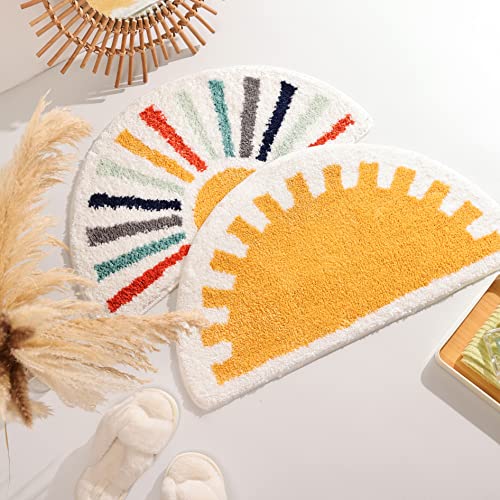 TRUEDAYS Bathroom Rugs Sun Bath Mat, Half Circle Cute Sunrise Bath Mat Soft and Fluffy, Water Absorbent Bath Rug Machine Washable Bathroom Mat - color: Yellow