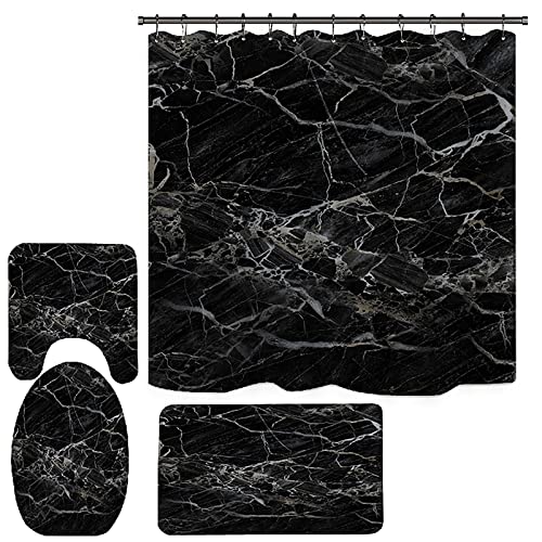 NEWSUYAA 4Pcs Black Marble Bathroom Shower Curtain Set with Rugs Accessories,Modern Luxury Bathroom Decor with Non-Slip Bath Mats, Toilet Seat Cover,Abstract Marble Shower Curtains + Hooks - color: Black