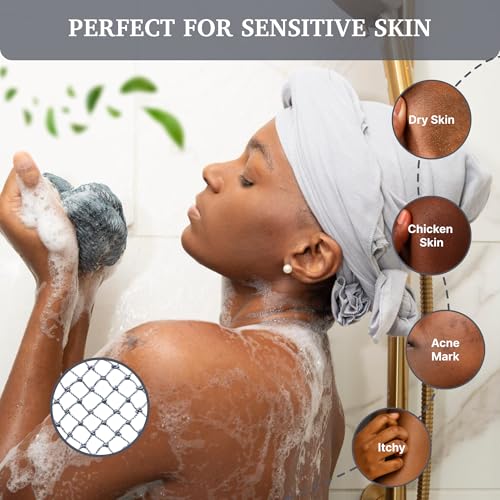 MOTHER AFRICA African Net Sponge Authentic with Knots 2 Pack Black Owned Exfoliating Body Scrubber Bath Sponge for Shower Washcloth Loofah Gentle Deep Cleansing Back Scrubber Face & Body Men & Woman - color: Grey & Black
