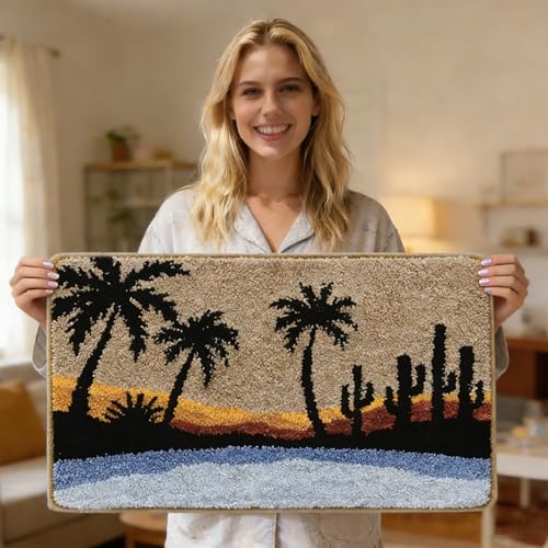 Bathroom Rug Mat, Beach Sunset Fluffy Rug with Palm Tree & Cactus Silhouette, Ultra Absorbent Microfiber Shaggy Door Mat, Quick Dry Bath Rug Carpet for Toilet Bathtub Bedroom 20x31 Inch - color: Blue
