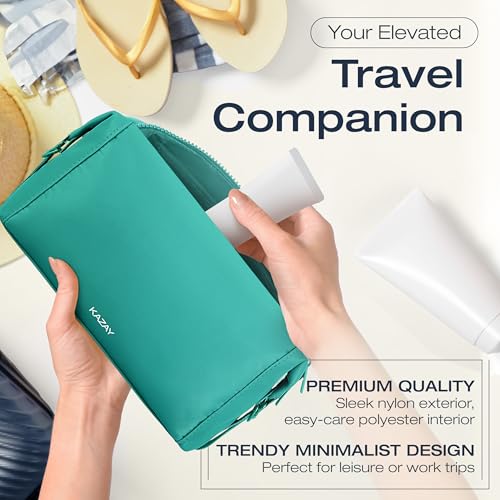 KAZAY Expandable Toiletry Bag with Side Clips for Adjustable Sizing, Premium High-Density Nylon, Open Wide Zipper, Stylish, Water Resistant, Cosmetic Bag, Makeup Bag, Full-Size Bottles, Unisex (Aqua) - color: Aqua