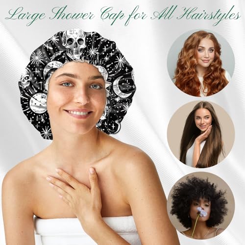 2 PCS Shower Cap Waterproof Double Layer Elastic Adjustable Reusable Hair Bath Caps for Girls Women Cute Aesthetic-Black Grey - color: G17-Black Grey