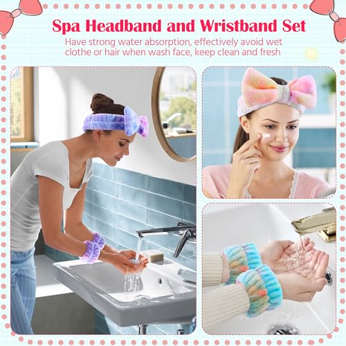 WSYUB Spa and Makeup Headband Set - Gorgeous Tie Dye Color Cosmetic Headband and Absorbent Wrist Towels for Skincare, Face Washing, and Makeup Application (6 pcs) - color: Tie-dye Purple and Pink
