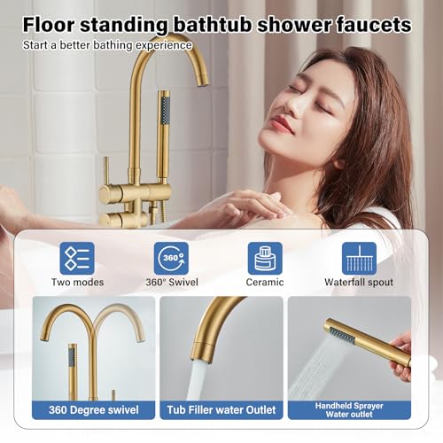 Freestanding Bathtub Faucet Floor Mount Tub Filler Brushed Gold High Flow Shower Faucets with Handheld Shower Mixer Taps Swivel Spout for Bathroom