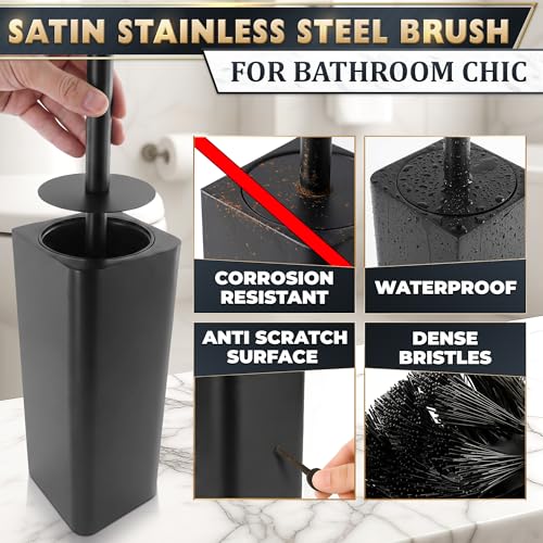 Black Toilet Brush and Holder Set - Slim Matte Design that Fits Anywhere - Stainless Steel Toilet Bowl Brush and Holder with 2 Rounded Corners, Replaceable Head, Removable Inner Bowl & Splash Guard - color: Black Squircle
