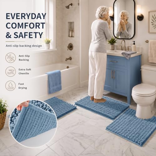 Yimobra Bathroom Rug Set 3 Piece - Super Absorbent Quick Dry Chenille Bath Mats & Toilet Rug, Non Slip Machine Washable, Extra Thick Shaggy Floor Mat for Shower Tub Sink, Denim Blue - color: Denim Blue, size: 24"x20" + 30"x20"+ 44"x24"