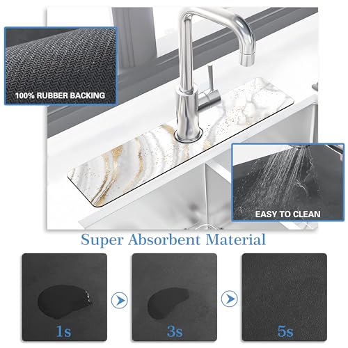 Faucet Mat Splash Guard Platinum Marble, Soft Diatom Mud Material, Strong Water Absorption, Non-Slip,Easy to Clean for Bathroom, Kitchen 23.5"X5.5"