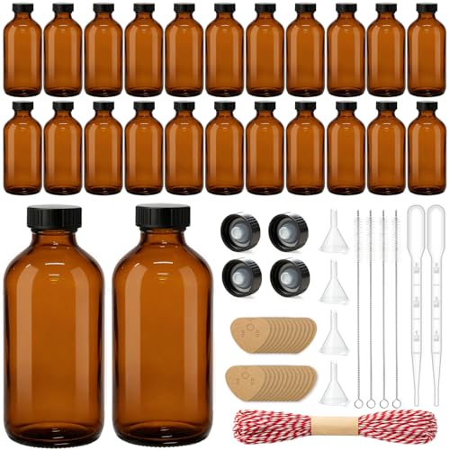 TBWIND 24 Pack 8oz Amber Glass Boston Round Bottles with Airtight Caps | Designed for Homemade Vanilla Extract, Tinctures, Juice, Syrups, Kombucha & Herbal Liquids with Droppers, Labels & Funnels - size: 8oz