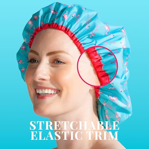 Reusable Shower & Bath Cap & Lined, Oversized Waterproof Shower Caps Large Designed for all Hair Lengths with PEVA Lining & Elastic Band Stretch Hem Hair Hat - Fashionista Flamingo Party - color: Flamingo Party