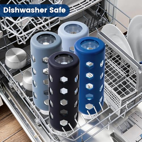 Mrsdry Glass Juice Bottles with Lids and Silicone Sleeves 18 oz, 4-Pack Reusable Clear Glass Water Bottles with Stainless Steel Airtight Cap for Juicing, Refrigerator, BPA Free Leak-Proof Drinking Jar - color: Navy