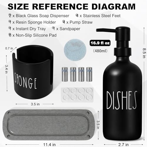 Kitchen Soap Dispenser Set, 16.9 fl oz Hand and Dish Soap Dispensers with Tray, Black Kitchen Soap Dispenser Set with Sponge Holder, Instant Dry Tray, Countertop Sink Organizer Accessories - color: Black Bottle+black Pump