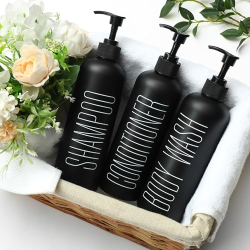 HOMCDALY Black Shampoo and Conditioner Dispenser, 16oz 3-Pack Refillable Pump Bottles, Shampoo Conditioner Body Wash Dispensers Bottles, Bathroom Shower Dispenser (Black-2 - color: Black&black Pump