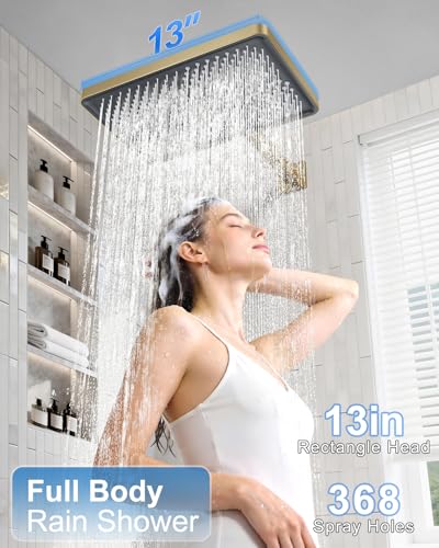 Shower System 13-Inch Rainfall Shower Head - 3 Setting Handheld Sprayer, Complete Bathroom Set with Faucet Mixer Trim Kit & Valve Brushed Gold - color: Brushed Gold, size: 13''