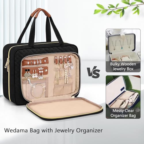 Wedama Toiletry Bag for Women, Hanging Travel Toiletry Bag with Jewelry Organizer Compartment Large Makeup Bag, PVC Waterproof Cosmetic Travel Bag for Travel Business Trips Camping Bathroom, Black - color: Black, size: Large, style: With Jewelry Organizer