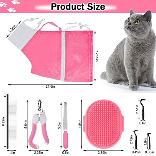 JULMELON 10PCS Cat Bathing Bag Adjustable Shower Washing Net Grooming Set | Polyester Mesh, Kitten Adult Pet Grooming, Shower Bathing Nail Trimming Examination, Brush Clipper File Comb Tick Tool Caps - color: Pink+Grey