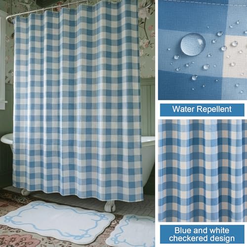 Lounsweer 3 Pcs Blue and White Plaid Shower Curtain Set, Gingham Shower Curtains with Bath Rugs Checkered Bathroom Curtain Set for Bathroom Farmhouse Hotel Tub, 72 x 72