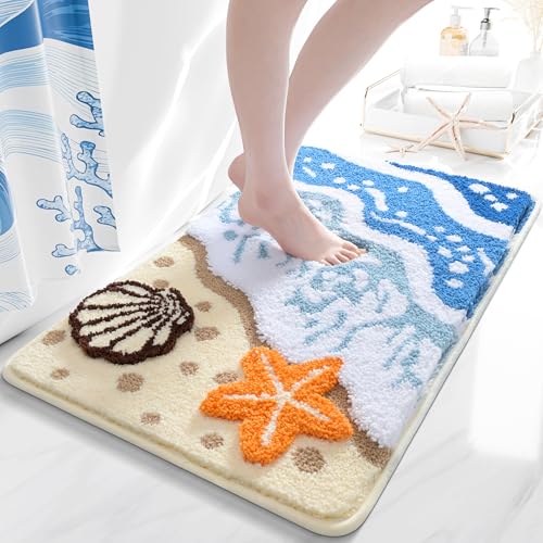 QJHOMO Coastal Bathroom Rugs Beach Ocean Wave Bath Mat Nautical Rug, Cute Colorful Bath Rug 3D Starfish Shell Beachy Theme Bathroom Decor, Soft Microfiber Carpet Non Slip Washable Bathmat(18x26 inch) - color: Blue Portrait, size: 1'6" x 2'2" (Rectangular)