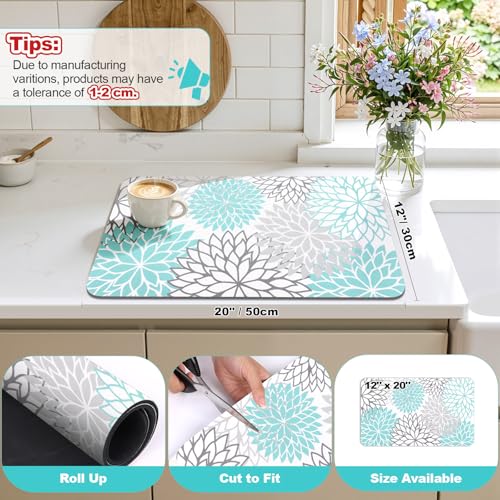 Findosom Dish Drying Mat, 12" x 20" Super Absorbent Dish Mat with Floral, Hide Stain Drying Mat for Kitchen Counter, Under Dish Rack, Coffee Maker, Espresso Machine, Teal - color: Teal, size: 12" x 20"