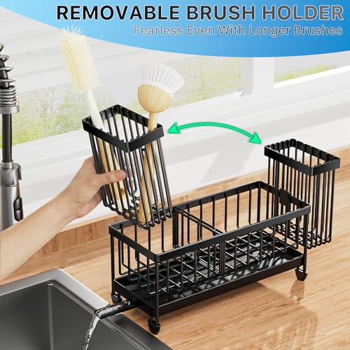 Cisily Sponge Holder for Kitchen Sink, Sink Caddy Organizer with High Brush Holder, Kitchen Countertop Organizers and Storage Essentials, Rustproof 304 Stainless Steel (Black, 9.25″) - color: Black - 9.25″