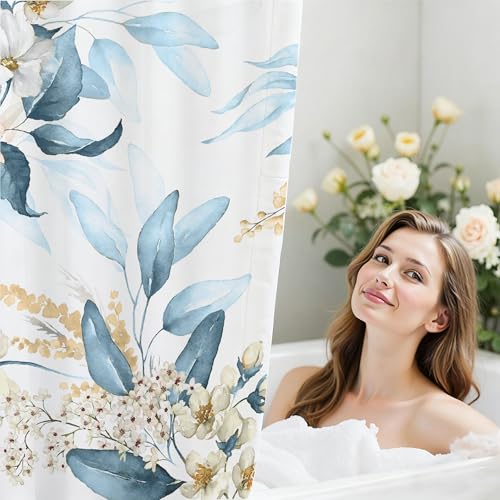 16 Pcs Floral Shower Curtain Set with Rugs, Flower Bath Curtains and High Absorbent Non-Slip Mats, Thick 120GSM Fabric Curtain with 12 Metal Hooks, Multi Floral, 72x72 Inch - color: Flower A-pink Blue