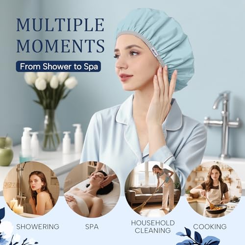 Years calm Shower Caps for Women Reusable Waterproof – Double Layer Elastic Cap with Tropical Botanical Print Shower Cap for Shower, Spa, Travel, Bath & Daily Hair Protection - color: Blue