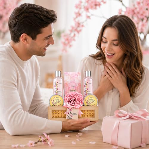 Cherry Blossom Spa Gift Basket for Women – Luxury Bath & Body Gift Set with Shower Gel, Bubble Bath, Body Scrub, Lotion & Bath Salts – Mother’s Day Self Care Gift for Mom