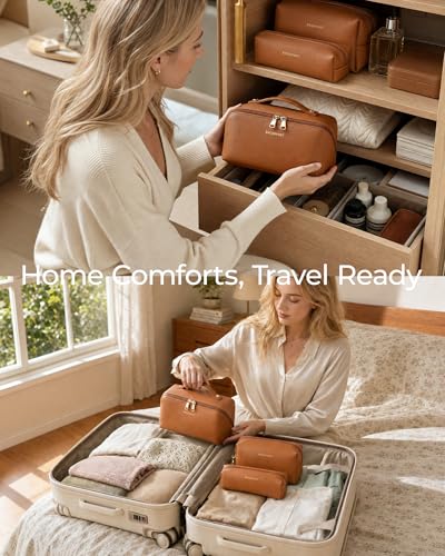 BAGSMART Makeup Bag Travel 3 Pcs Set Cosmetic Bag, Large Make Up Bag Flat Open Toiletry Bag for Women, PU Leather Travel Essentials Organizer Case, Wide-open Pouch for Skincare, Brushes,Classic Brown - color: 31- Classic Brown