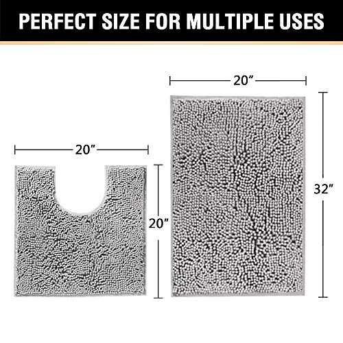H.VERSAILTEX Original Luxury Chenille Bathroom Rug Mat (32" x 20"/20" x 20"), Extra Soft & Absorbent Shaggy Rugs, Machine Wash/Dry, Perfect Plush Carpet Mats for Tub (Curved Set, Gray) - color: Grey, size: 20" x 32" Plus 20" x 20"