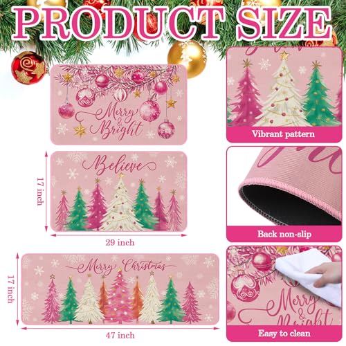 Drydiet 3 Pcs Christmas Kitchen Rug and Mat Set Washable Pink Xmas Tree Kitchen Floor Mats Waterproof Non Slip Farmhouse Merry Christmas Doormat Holiday Xmas Decor for Home Office Bathroom Party Decor - color: Pink, style: Christmas Tree