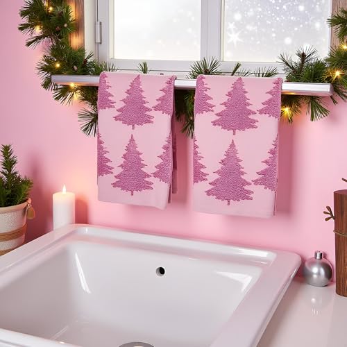 2 Pack Christmas Tree Hand Towels 100% Cotton Jacquard Holiday Kitchen Dish Towels Retro Neutral Pink Bathroom Towels Set Gift Seasonal Xmas Winter Bathroom Decor (Pink Christmas Tree) - color: Pink Christmas Tree