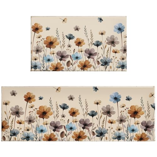 Florals Rugs for Kitchen Floor 2 Pcs Vintage Watercolor Flowers Washable Runner Rug Non Slip 17"x47"+17"x30", Spring Wildflower Comfort Kitchen Floor Mat for Bathroom Laundry Office Decor - color: Watercolor Flowers