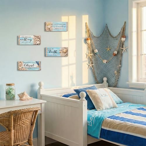 4Pcs Coastal Wooden Wall Decor for Bathroom Bedroom Summer Beach Christian Wall Art Room Decor Starfish Seashells Wooden Signs Teal Ocean Religious Decor with Bible Verses Nautical Home Decoration - style: Coastal