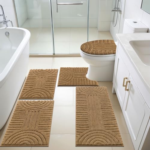 SHACOS Bathroom Rugs Sets 5 Piece Ultra Soft Absorbent Microfiber | Bath Mat with Bath Runner, U Shape Contour Rug, Toilet Lid Cover, Non Slip Machine Washable Carpet for Bedroom, Mustard - color: Mustard