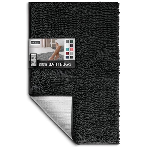 Hearth & Harbor Bathroom Rugs, Chenille Bath Mat - Machine Washable Bath Mats for Bathroom Non-Slip Backing Rubber, Quick Dry Bathroom Mat - color: Black, style: 20 x 32