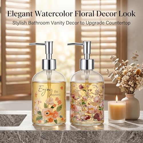Topadorn Floral Glass Soap Dispenser Set of 2, 17oz Refillable Hand & Dish Soap Pump Bottles for Kitchen, Bathroom Counter Decor, Farmhouse Accessories - color: Pink Floral