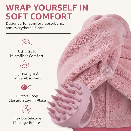 chérie Microfiber Hair Towel Wrap & Silicone Scalp Massager Brush Set - Ultra Absorbent Fast Drying Hair Towel - Anti Frizz Wet Hair Wrap & Soft Silicone Scalp Scrubber for All Hair Types - (Pink)