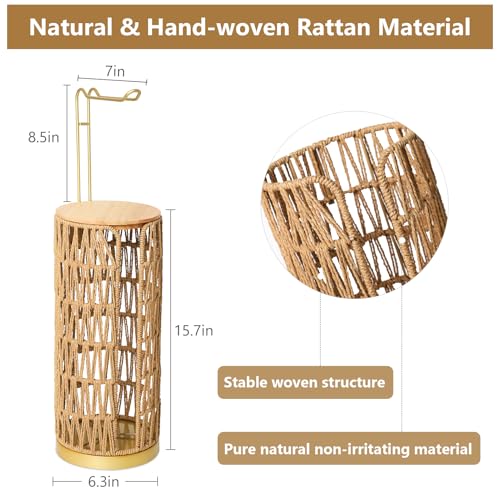 Trongee Freestanding Toilet Paper Holder with Storage,Goldn Handmade Woven Toilet Paper Roll Holder Stand,3 Rolls of Tissue Holder for Bathroom,Rattan Sturdy Boho Bathroom Toilet Paper Storage - color: Gold
