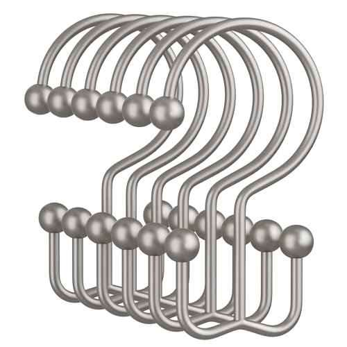 Amazer Matte Nickel Shower Curtain Hooks, 12PCS Minimalist Simple Double Shower Curtain Rings, Rust-Resistant Metal Shower Hooks Shower Curtain Hangers, Shower Rings for Bathroom Shower Rods Curtains - color: Matte Nickel, style: Minimalist - Double Hooks