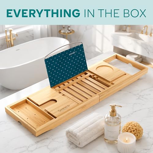 SereneLife Luxury Bamboo Bathtub Caddy Tray - Adjustable Natural Wood Bath Tub Organizer with Wine Holder, Cup Placement, Soap Dish, Book Space & Phone Slot for Spa, Bathroom & Shower - SLBCAD20 - color: Natural