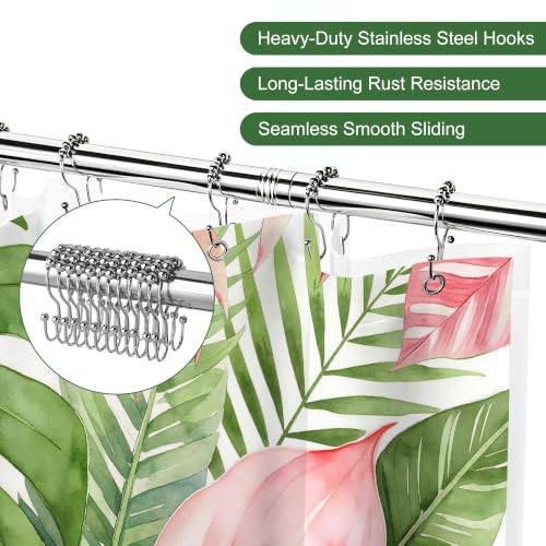 LQCOOL Pink Anthurium Tropical Leaves Shower Curtain and Liner, 3 in 1 Shower Curtain Set with 12 Double Sided Shower Curtain Hooks, Waterproof Fabric Shower Curtains for Bathroom,72" W*72" H - color: Pink Leaf