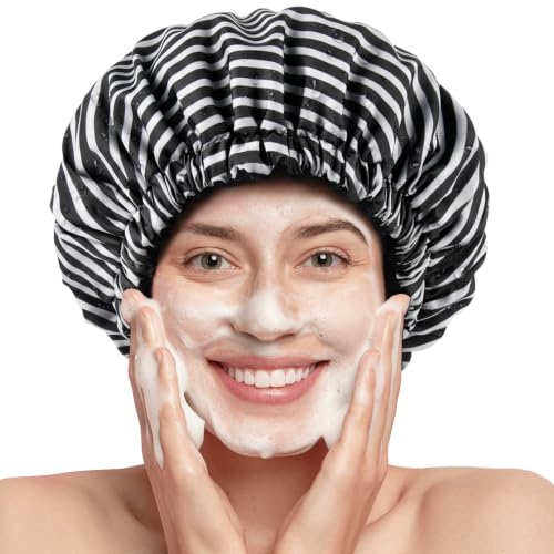 Shower Cap for Women Terry Lined Bath Cap Large Reusable Waterproof Elastic Black Stripes Shower Caps for Long Thick Hair Soft Bath Shower Hair Caps - color: Black Stripe