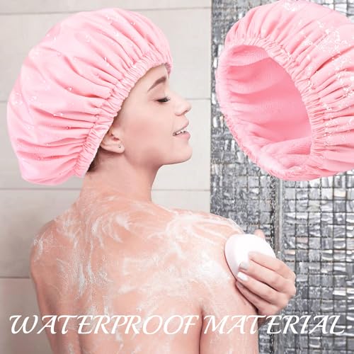 Pink Shower Cap for Women Terry Lined Bath Cap Large Reusable Waterproof Elastic Band Shower Caps for Long Thick Hair Soft Bath Shower Hair Caps - color: PINK