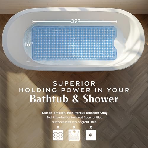SlipX Solutions Power Grip Bathtub Safety Mat | Precision Grip Technology for Longer, Stronger, & Softer Wet Surface Protection | Clear Light Blue 39"x16" - color: Clear Light Blue