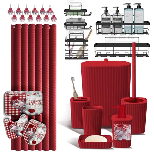 Clara Clark Bathroom Set - Christmas Bathroom Accessories Set, 27PC Bathroom Accessory Set, Christmas Bathroom Sets with Bathroom Rugs, Adhesive Corner Shower Caddy Hanging, Toilet Brush & Trash Can - color: Christmas, size: Complete Set + Bath Rug + Show