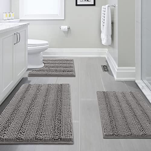 H.VERSAILTEX 3 Piece Bathroom Rugs Sets Thick Striped Bath Rugs Set for Bathroom Non Slip Soft Absorbent Bath Mat Set for Tub, Shower and Toilet(17''x24''+20''x32''+20''x24'' U-Shaped, Dove) - color: Dove