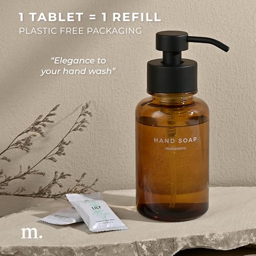 MaisoNovo 14 oz Amber Glass Foaming Soap Dispenser with Black Pump + Mixed 4 Pack Foaming Hand Soap Refill Tablets - color: Amber Bottles/Black Pumps/Tablets