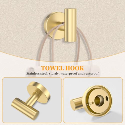 Brushed Gold Towel Bar Set 5 Pieces Round Bathroom Hardware Set Includes 23.6in Towel Bar Towel Ring Toilet Paper Holder Towel Hooks Stainless Steel Wall-Mounted Bathroom Towel Holder Set - color: 5pcs Brushed Gold