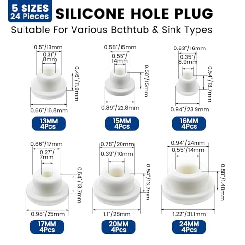 24 Pcs Silicone Bathtub Jet Covers, 6 Sizes Waterproof Hole Plugs, Universal White Tube Plugs, Reusable Flexible End Caps for Bathtub Jets, Bottles, Pipes