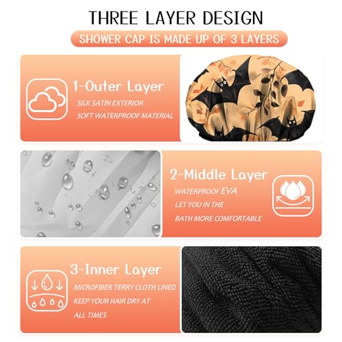 Luxury Shower Cap Terry Lined Reusable Triple Layer Waterproof Hair Elastic Caps Shower Bath Hat for Women Girls Cute Aesthetic-Orange Bat - color: AL13-Orange Bat